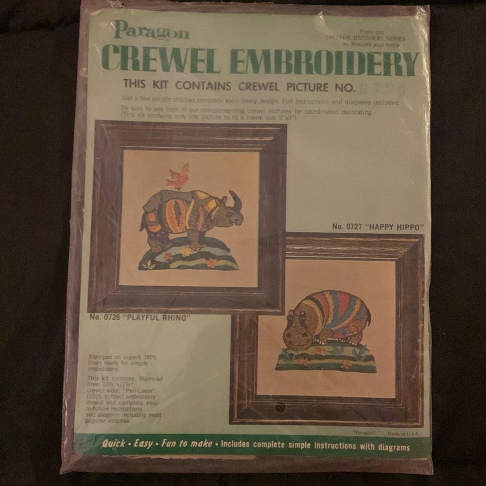 Paragon Vintage Playful Rhino crewel embroidery kit